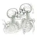 Write “And if you go, I wanna go with you. And if you die, I wanna die with you.” cursive surrounding kissing skeletons tattoo design idea