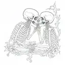 Write “And if you go, I wanna go with you. And if you die, I wanna die with you.” cursive surrounding kissing skeletons tattoo design idea
