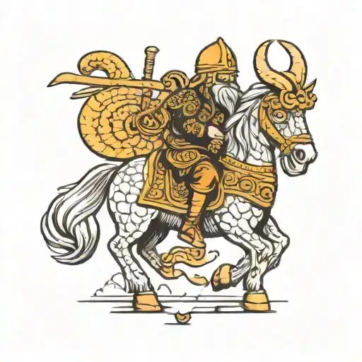 a meatball wearing a Viking helmet riding on a Swedish dala horse  tattoo design idea