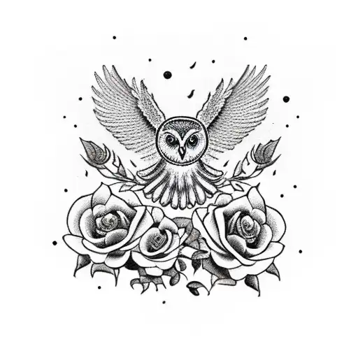 owl with open wings and roses tattoo design idea