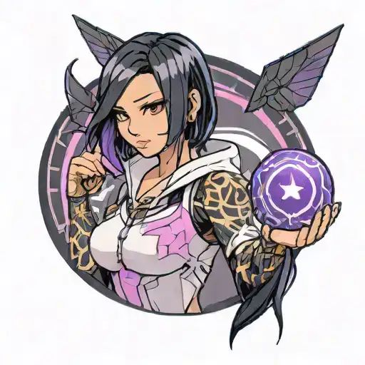 black straight hair latina girl with pink highlights dressed in black holding a purple orb valorant reyna tattoo design idea