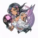 black straight hair latina girl with pink highlights dressed in black holding a purple orb valorant reyna tattoo design idea