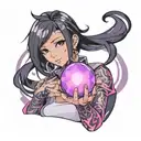 black straight hair latina girl with pink highlights dressed in black holding a purple orb valorant reyna tattoo design idea