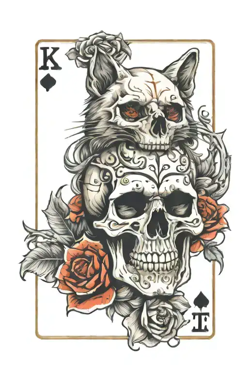 skull with wolf playing cards tattoo design idea