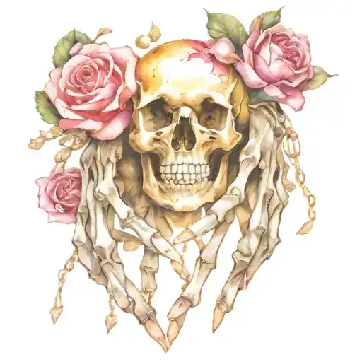 skeleton hands holding pinky's with chains and skull flowers tattoo design idea
