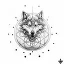 A dotwork tattoo of a golf ball transformed into a wolf, with satanic symbols incorporated tattoo design idea