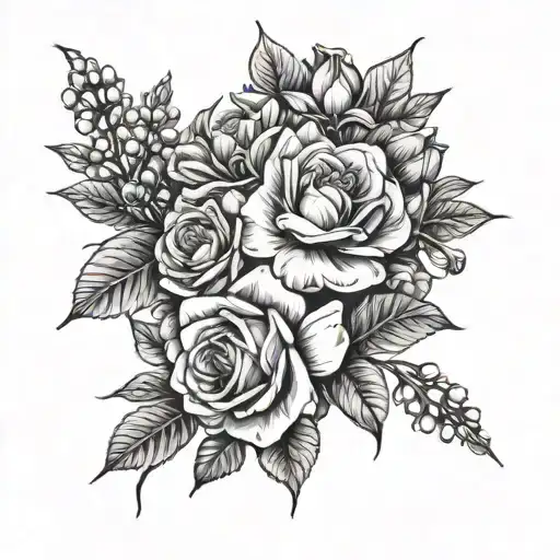 Rose, Narcissus, mountain laurel, Hawthorn blossom, poppy, daisy and magnolia flower bouquet tattoo design idea