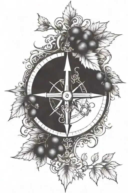 A compass rose made of vine branches and grapes tattoo design idea