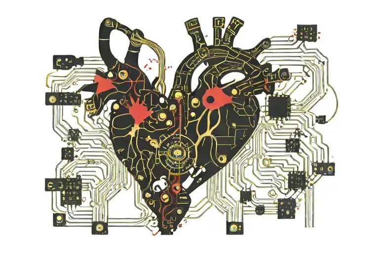 black and gold realistic heart shaped circuit board with gold wires as blood veins  tattoo design idea