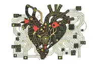 black and gold realistic heart shaped circuit board with gold wires as blood veins  tattoo design idea