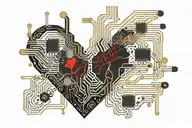 black and gold realistic heart shaped circuit board with gold wires as blood veins  tattoo design idea