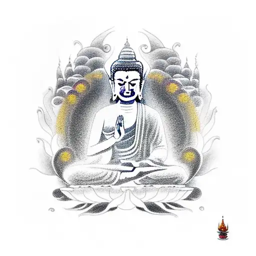 buddha and pagoda and mantra "Om Mani Padme Hum" tattoo design idea