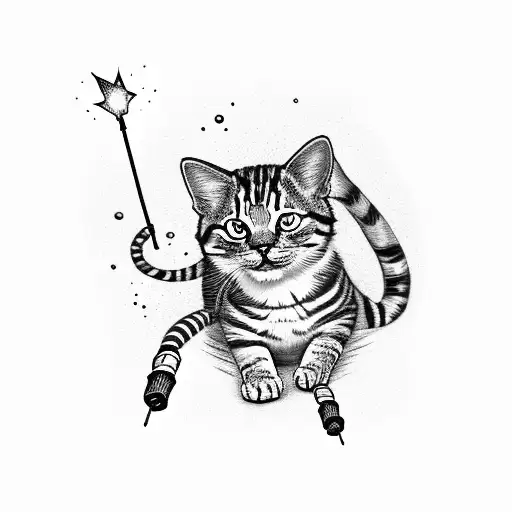 striped cat wearing little boots holding a sparkler in paw tattoo design idea