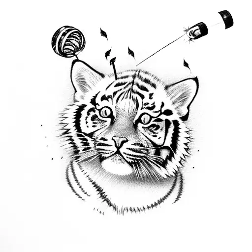 cat with tiger stripes and wearing little boots holding a sparkler in paw tattoo design idea