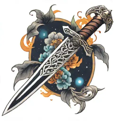 Create a tattoo of a sword intertwined with a cosmic background, symbolizing strength and curiosity for the unknown tattoo design idea