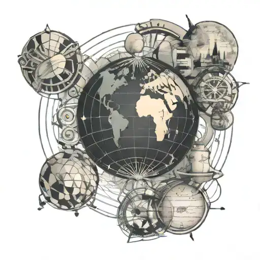 Design a tattoo of a globe with various travel destinations marked, surrounded by dancing figures and musical symbols tattoo design idea