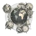 Design a tattoo of a globe with various travel destinations marked, surrounded by dancing figures and musical symbols tattoo design idea