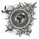 Design a tattoo of a globe with various travel destinations marked, surrounded by dancing figures and musical symbols tattoo design idea