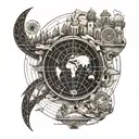 Design a tattoo of a globe with various travel destinations marked, surrounded by dancing figures and musical symbols tattoo design idea