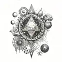 Design a tattoo inspired by the concept of curiosity, featuring elements from space and science intertwined with Indian mythology tattoo design idea