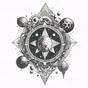 Design a tattoo inspired by the concept of curiosity, featuring elements from space and science intertwined with Indian mythology tattoo design idea