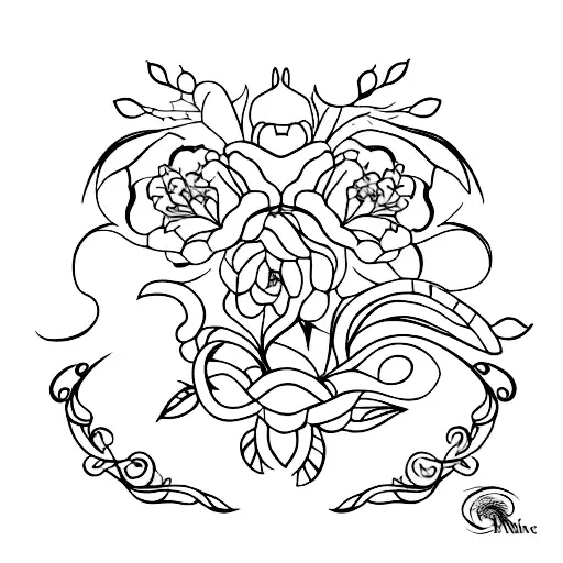 Elegant black-grey Libra scales intertwined with blooming flowers tattoo design idea
