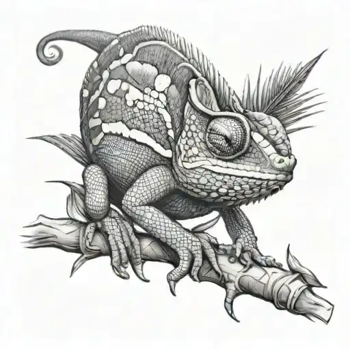 chameleon with tropical foliage tattoo design idea