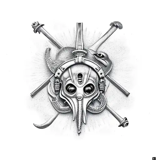 plague doctor with tool band tattoo design idea