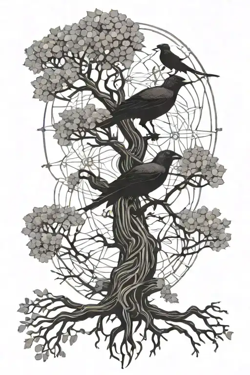 yggdrasil tree with 2 crows tattoo design idea