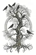 yggdrasil tree with 2 crows tattoo design idea