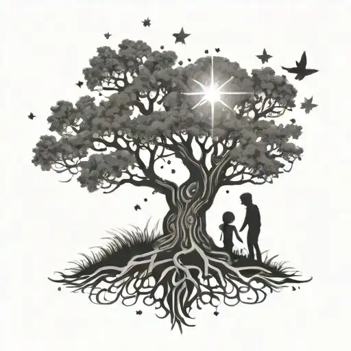 tree of life with 2 children and stars forming tattoo design idea
