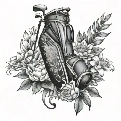 fine line golf bag with Lilly and protea flower bouquet tattoo design idea