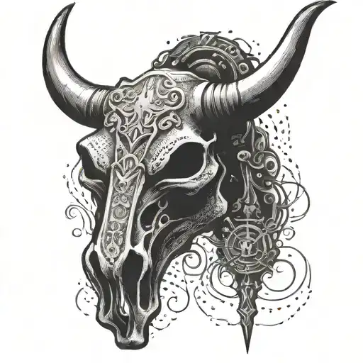 Bull skull with welding torches crossed behind it in a dotwork style tattoo design idea