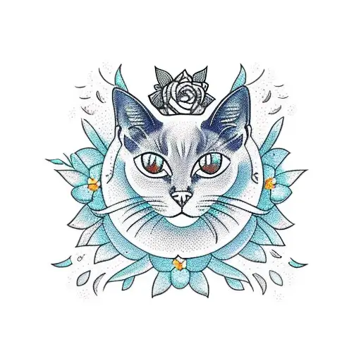 Siamese cat surrounded by a flower of life, spiritual tattoo tattoo design idea