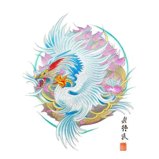 A Chinese phoenix rising from a field of blooming lotus flowers, symbolizing rebirth and strength tattoo design idea