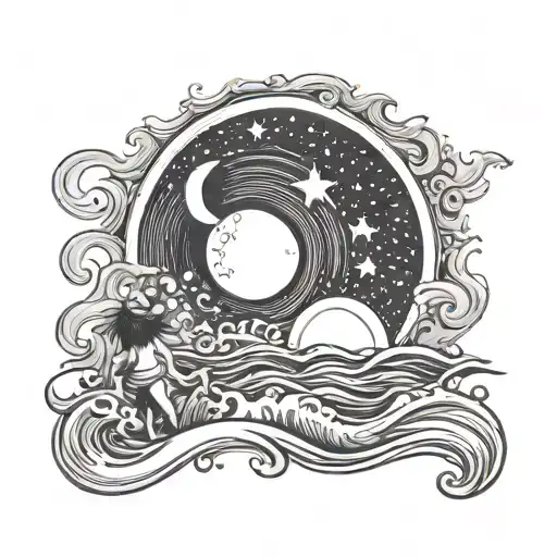 A whimsical scene of the sun, moon, and stars shining over a serene ocean, with three small children playing in the waves tattoo design idea