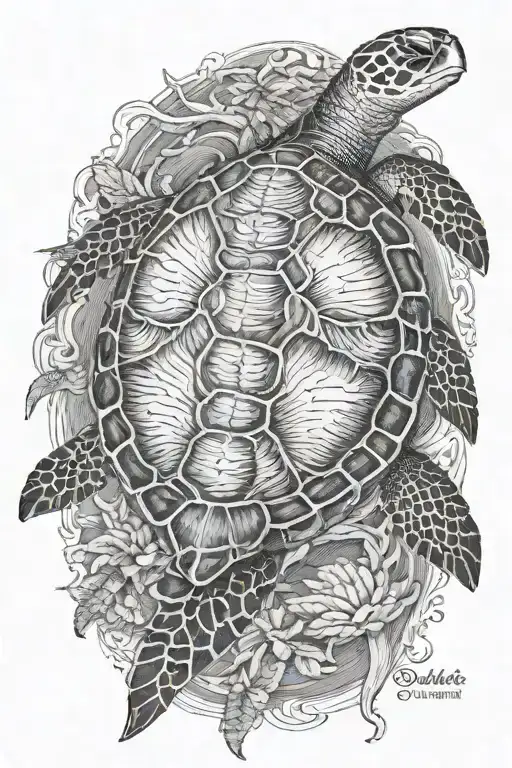 sea turtle,  full size,  high definition,  black and grey, 4k tattoo design idea
