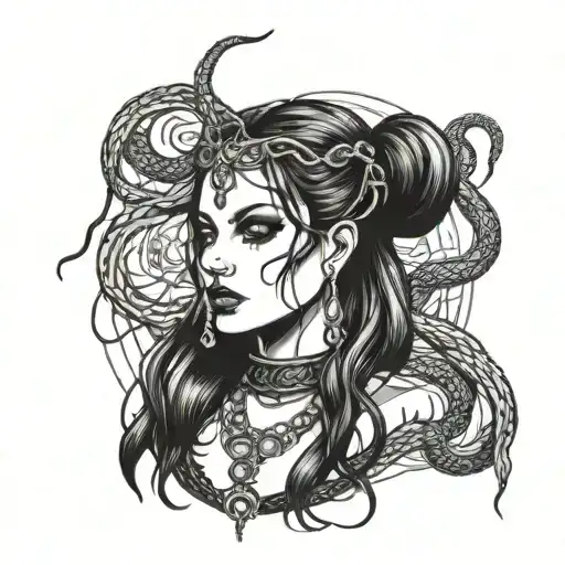 pretty Gothic woman with chains and a snake tattoo design idea
