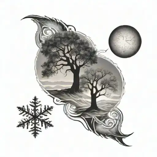 two trees one with half a snowflake and the other with half a sun  tattoo design idea