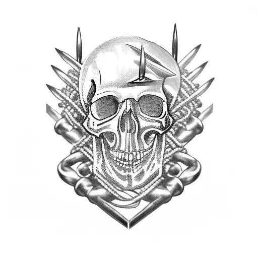 A skull with metal spikes and chains intertwined with guitar strings, symbolizing your love for metal music and kinky lifestyle tattoo design idea