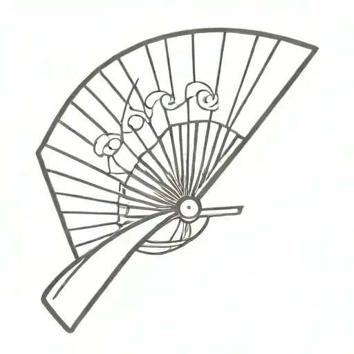 A minimalist tattoo design of a traditional Japanese fan, incorporating elements of rock music to reflect your diverse interests. tattoo design idea