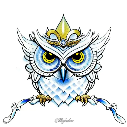 flying owl with fleur de lis blue tattoo design idea