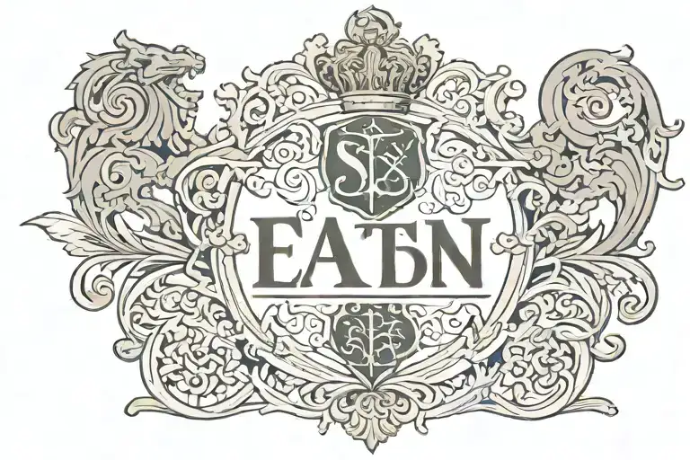A family crest of the EATON surname that incorporates the initials S, E, J and K with a medieval feel with filigree span tattoo design idea