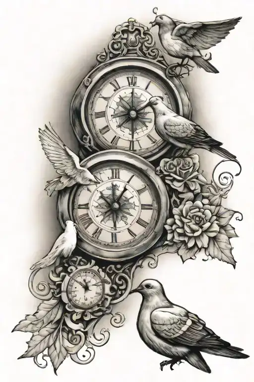 two doves stairway to hevan with compass and clock   tattoo design idea