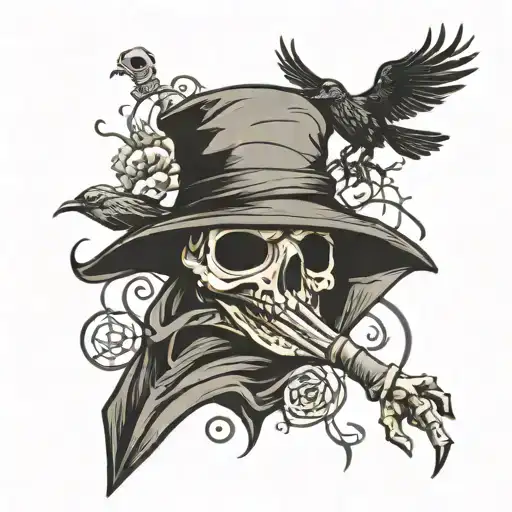 Plague doctor mask and crow and skeleton hand tattoo design idea