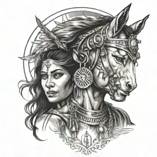 Saturn face of indian woman and horse tattoo design idea