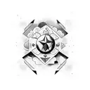 Ad Astra (big letters) surrounded by black shaded clouds with red dices and red stars tattoo design idea