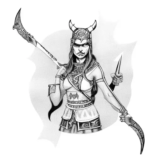 viking witch with a curved dagger with war runes  painted on her face tattoo design idea