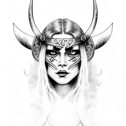 viking witch with a curved dagger with war runes  painted on her face tattoo design idea