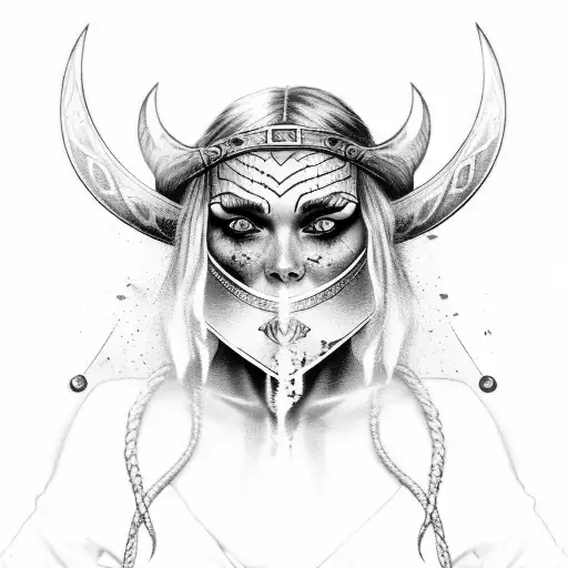 viking witch with a curved dagger with war runes  painted on her face tattoo design idea